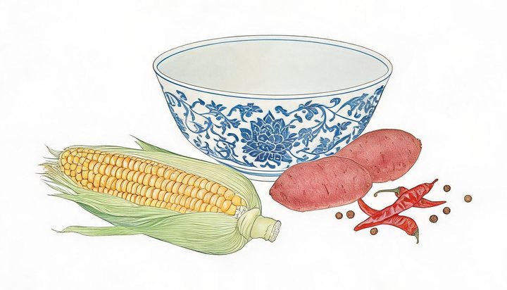 卷六题花：明代青花碗与玉米、番薯、红辣椒