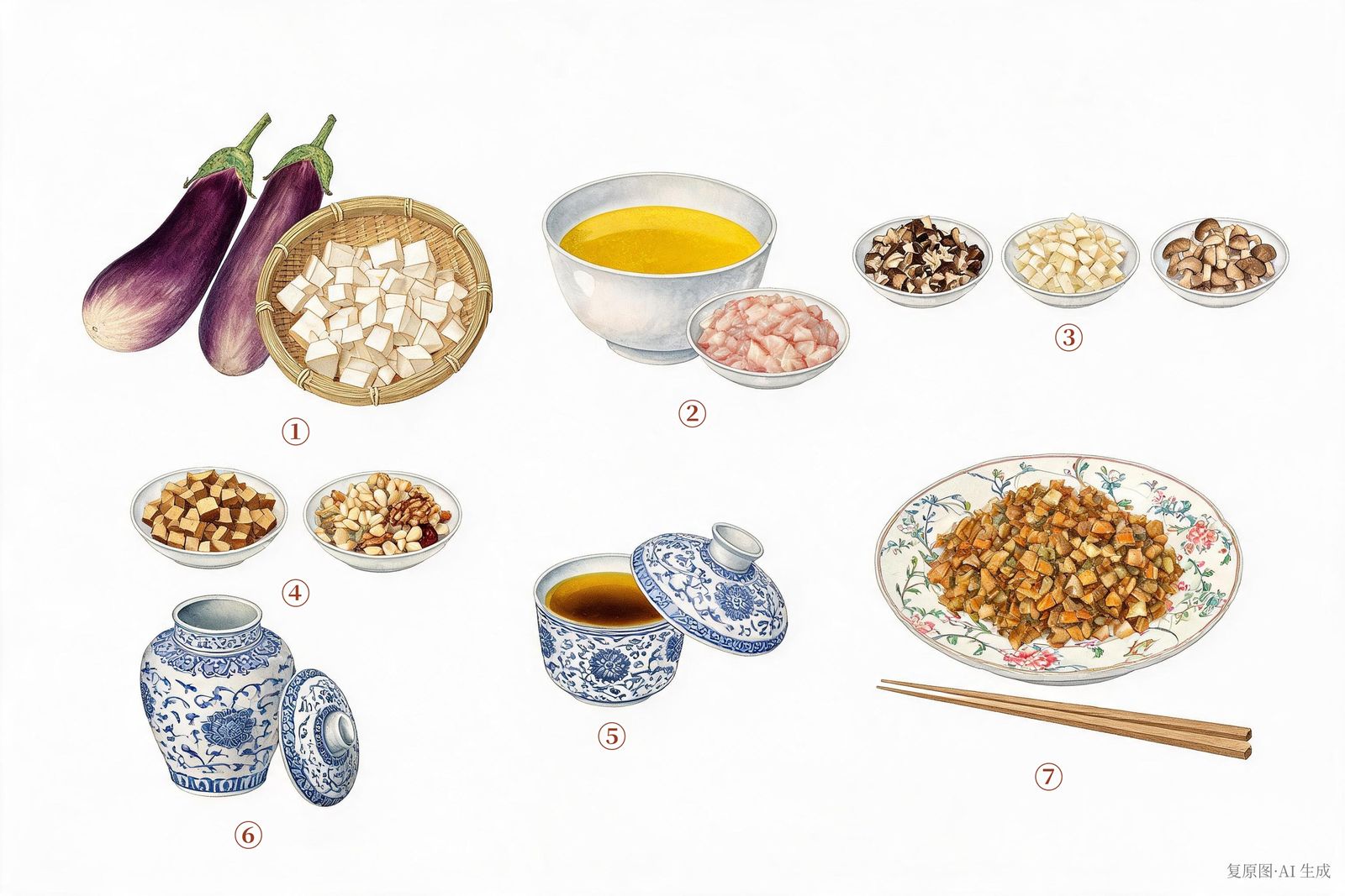 一餐图·七　《红楼梦》第四十一回“茄鲞”工序与配料图谱